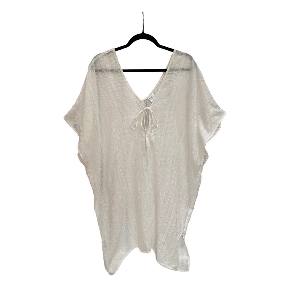 Kona Sol Womens XL White Textured V-Neck Tassel Tie Kaftan Beach Cover-Up Tunic